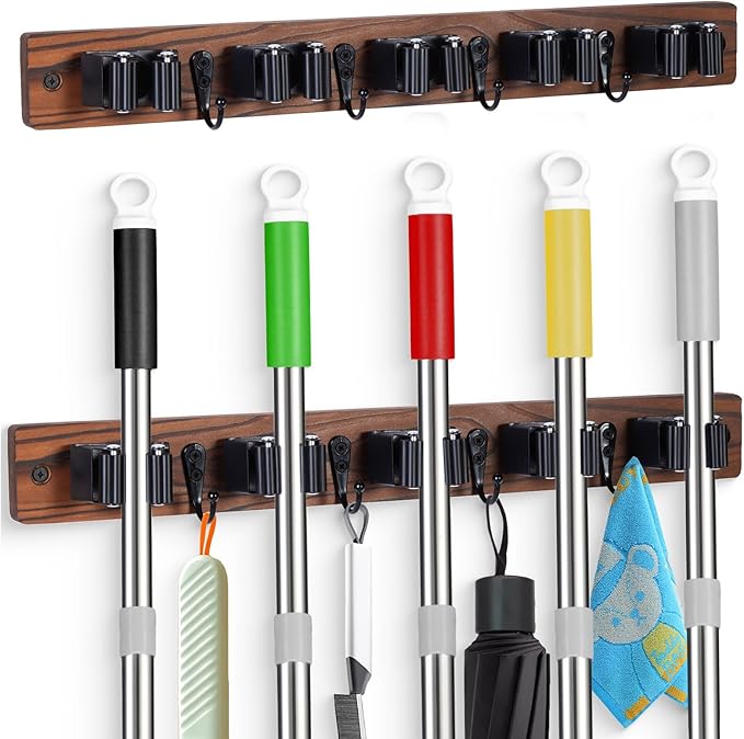 2 PACK Broom Holder Wall Mount With 5 Slots & 4 Hooks，Rustic Wood Broom & Mop Hanger，Wall Mounted Garden & Garage Tool Storage Organizer Rack for Closet Laundry Room or Kitchen Wall Decor
