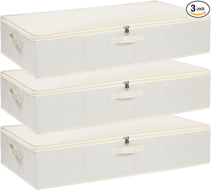 YheenLf Underbed Storage Organizers, Container Bags with Lids, Storage Boxes With Sturdy Structure and Reinforced Handles, Beige, 3 Pack, 31.5 x 15.7 x 5.9 Inch