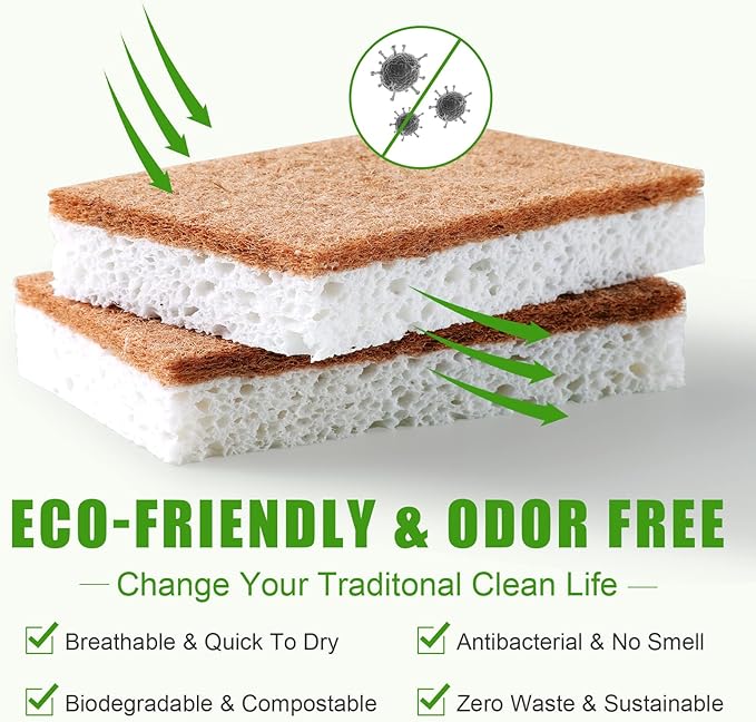 PANYEE Biodegradable Natural Kitchen Sponge，Eco Friendly Sponges for Dishes,Compostable Cellulose Sponge with Natural Plant Based Coconut Walnut Sustainable Scrubber Pack of 12