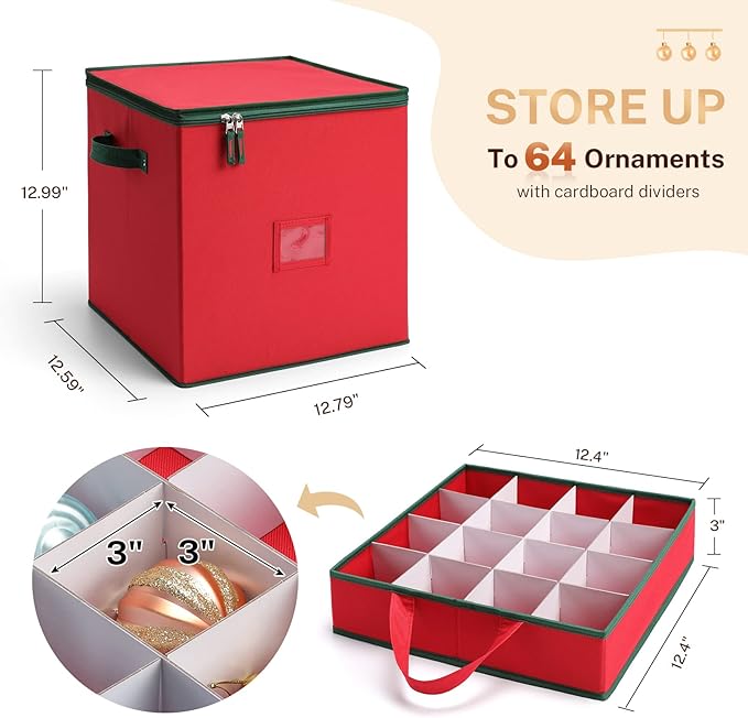 MaidMAX Christmas Ornament Storage Box Holiday Decoration Organizer, 64 Christmas Ball Accessories Holder with Adjustable Dividers, Zippered Closure, 4 Removable Trays, 600D Oxford, 12.9x12.9x13