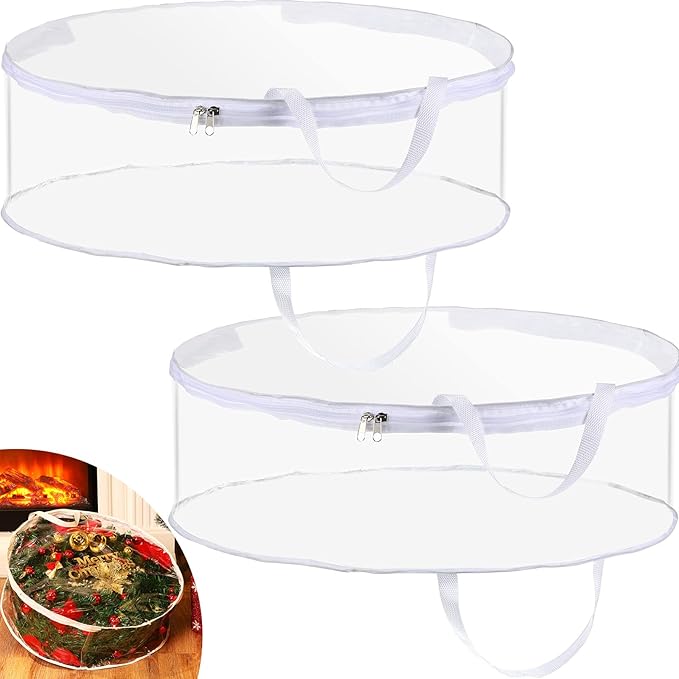Shappy 2 Pieces Christmas Wreath Storage Container 30 Inch Wreath Plastic Storage Bags with Dual Zippers and Handles for Xmas Thanksgiving Holiday Artificial (Clear)