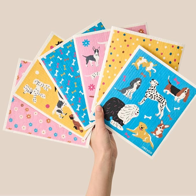 RECYCO Swedish Dishcloths for Kitchen | 6 Pack Doggy Daydreams Washable Dish Rags | Cellulose Reusable Cleaning Paper Towels | Absorbent Counter Dish Cloth Sponge Kitchen Wipes, 8" L x 7" W
