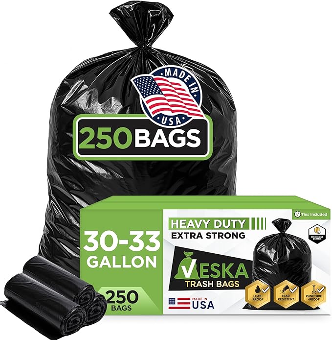 Veska 30-33 Gallon Trash Bags Heavy Duty | 250 Bags Mega-ValuePack | Black Large Trash Bags 30 Gallon - 32 Gallon - 33 Gallon.