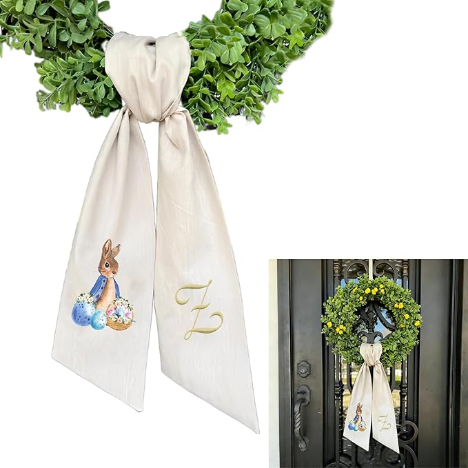 Rabbit Easter Wreath Bow Custom Embroidered Monogram Spring Bunny Wreath Sash for Front Door Hand Tailored Easter Decorations Spring Bows for Wreaths (Z)