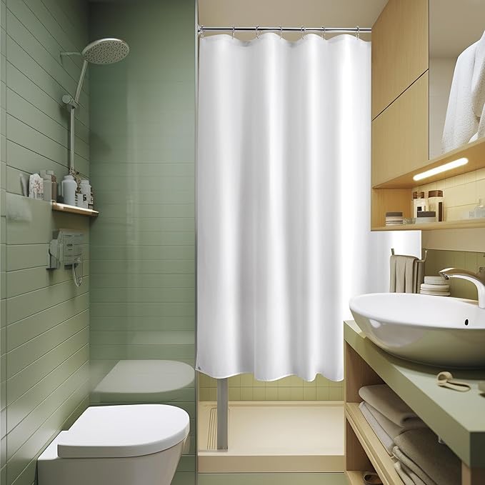 Titanker Small Stall Shower Curtain Liner Washable, 47x64 Inches, White Fabric Shower Liner with 2 Magnets, Waterproof RV Shower Curtain Liner Stall Size Soft Polyester Lightweight, White