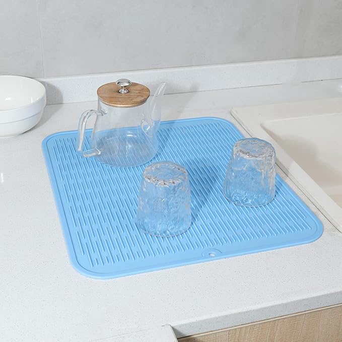 MicoYang Silicone Dish Drying Mat for Multiple Usage,Easy clean,Eco-friendly,Heat-resistant Silicone Mat for Kitchen Counter or Sink,Refrigerator or Drawer Liner Light Blue XL 18 inches x 16 inches