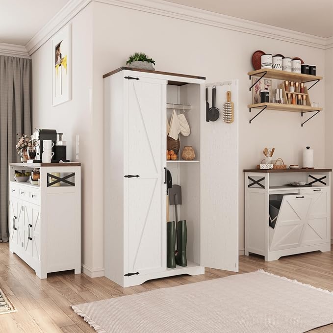 Set of 2 Farmhouse Storage Cabinet with Adjustable Shelves, Large Pantry Organize with 2 Barn Doors, Freestanding Cabinet for Kitchen, Garage, Basement, Living, Utility Room, Off-White