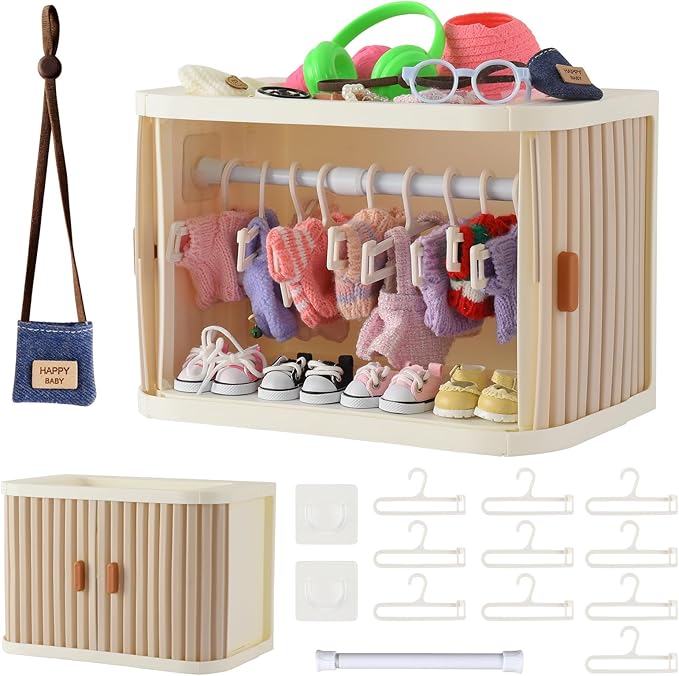 Foldable Doll Clothing Closet for Lububu - Double Sliding Door Stackable Storage Box for 4-7 Inch Doll Clothes, Premium Doll Clothes Organizer with 10 Hangers & 1 Hanging Rod (Gray)