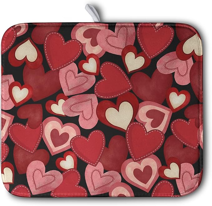 Kwlegh Valentine Dish Drying Mat for Kitchen Counter Red Black Love Heart Drying Pad Microfiber Absorbent Coffee Bar Mat Heat Resistant Countertop Protector Dishes Drainer Mat 16x18 Inch