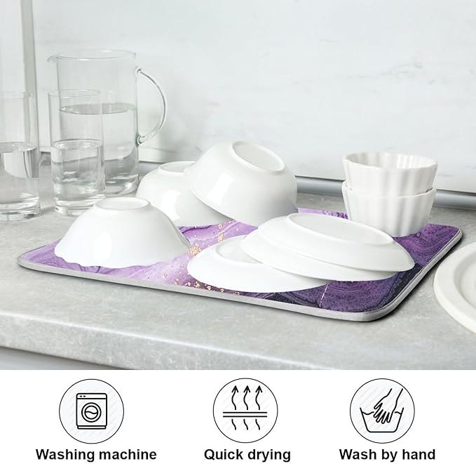 Marble Purple Gold Dish Drying Mat for Kitchen Countertop 16x18 Tie Dye Rectangle Small Drying Mat Reusable Quick Dry Dish Sink Absorbent Mats Dishwasher Easy Clean Decorative Home Decor Essentials