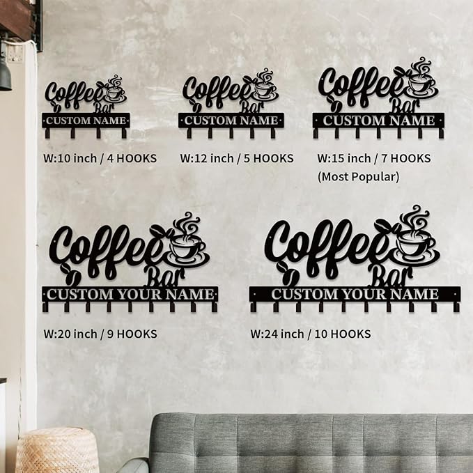 Personalized Custom Name Coffee Bar Wall Keys Hooks,Metal Coffee Shop Art Clothes Hooks,Metal Coffee Lover Wall Home Storage Decorative,For Front Door, Hallway, Kitchen, Bedroom,Keys,Hats (Style E)