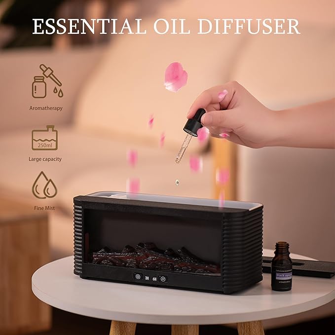 2026 Upgraded 9 Color Flame Fireplace Aroma Essential Oil Diffuser,250ml USB Desktop Noiseless Cool Mist Humidifier with Timer Auto-Off Protection for Home,Office, Gift (Black)