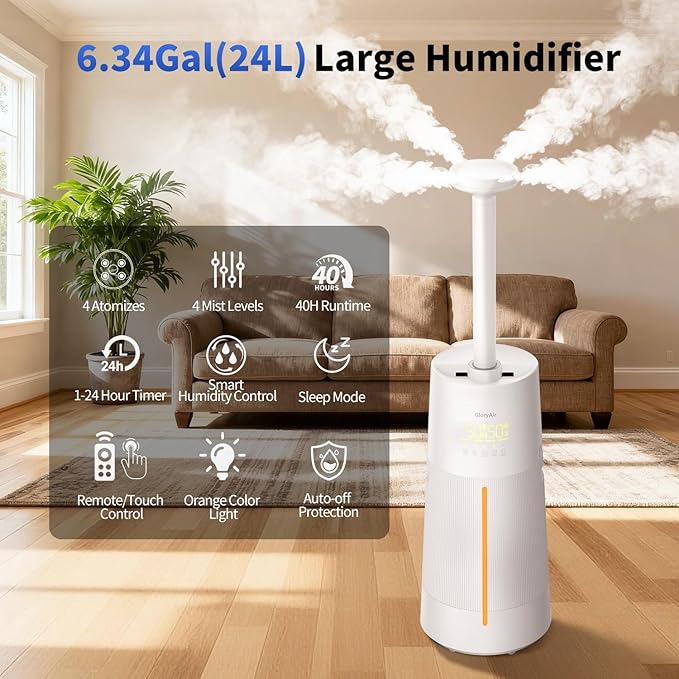Humidifier Large Room - GloryAir 6.3Gal/24L 4X Atomizers Top Fill Whose House Large Cool Mist Quite Humidifiers 1500mL/h for Home Bedroom 3000 ft² with Auto Mode for Commercial Office Plants