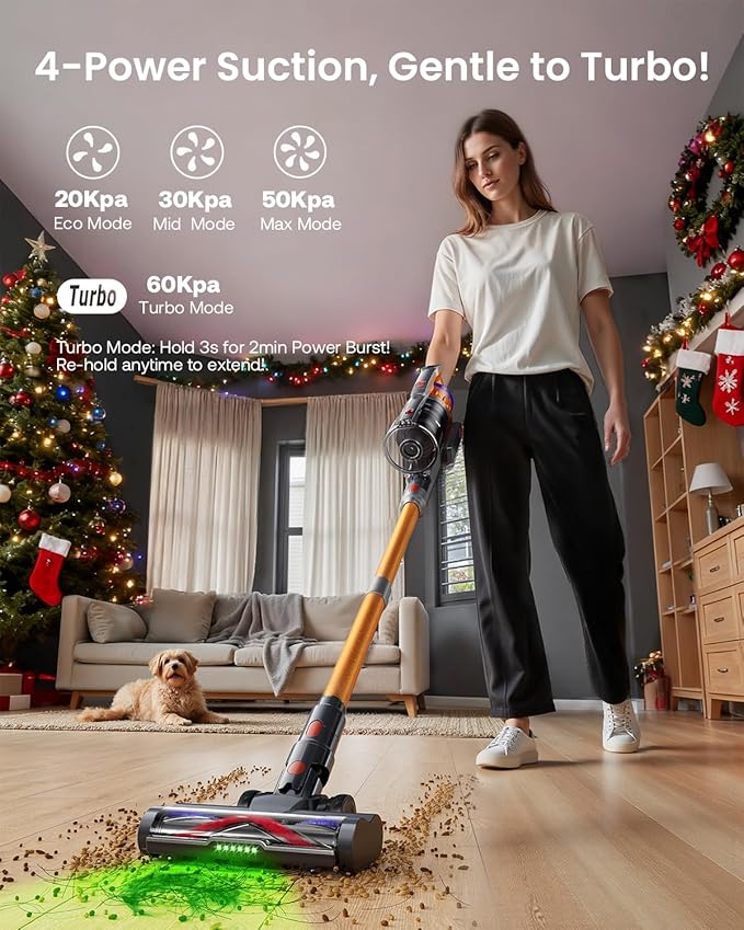 Cordless Vacuum Cleaner for Home, Upgraded 60Kpa Powerful Suction Pet Hair Vacuum with 70min Runtime, Green LED Light for Hardwood Floors & Carpet, Self-Standing Rechargeable Stick Vacuum, Golden