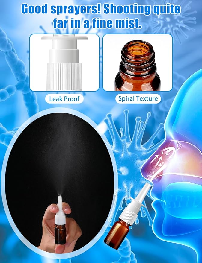 ZHWKMYP 10 Pcs Nasal Spray Bottle, 5ML/0.17OZ 6 Pcs Brown Fine Mist Glass Empty Refillable Nasal Spray Bottle with 2 Funnels and 2 Labels