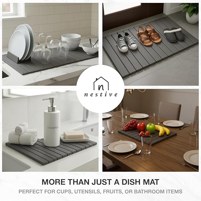 Large Stone Dish Drying Mat for Kitchen Counter, 24"x16", Fast Drying Collapsible, Diatomaceous Earth Mat, Super Absorbent Folding Mat for Dishes, Bottles, Glass, Heat-Resistant, Non-Slip (Dark Gray)