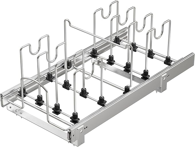 Pull Out Pots and Pans Organizer Under Cabinet, Sliding Adjustable Pot Rack with 9 Adjustable Dividers, Chrome-Plated Pot and Pan Holder Rack, Full-Extension Rail for Kitchen Organization 12" W*22" D