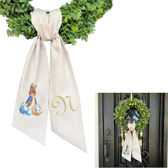 Rabbit Easter Wreath Bow Custom Embroidered Monogram Spring Bunny Wreath Sash for Front Door Hand Tailored Easter Decorations Spring Bows for Wreaths (N)