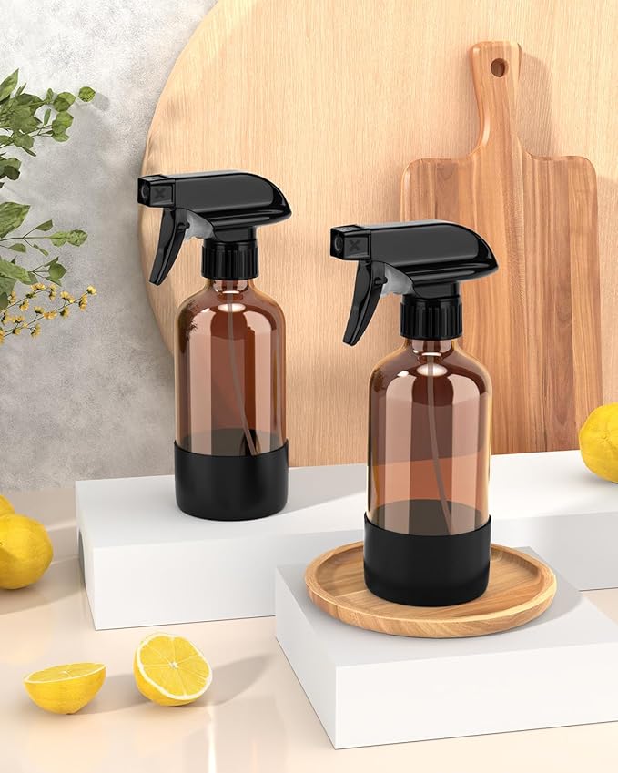 Bontip Glass Spray Bottle with Silicone Sleeve Protection, Amber Glass Spray Bottle Set for Window Cleaner Aromatherapy Facial Hydration Watering Flowers Hair Care 2 Pack/8 oz (Black)