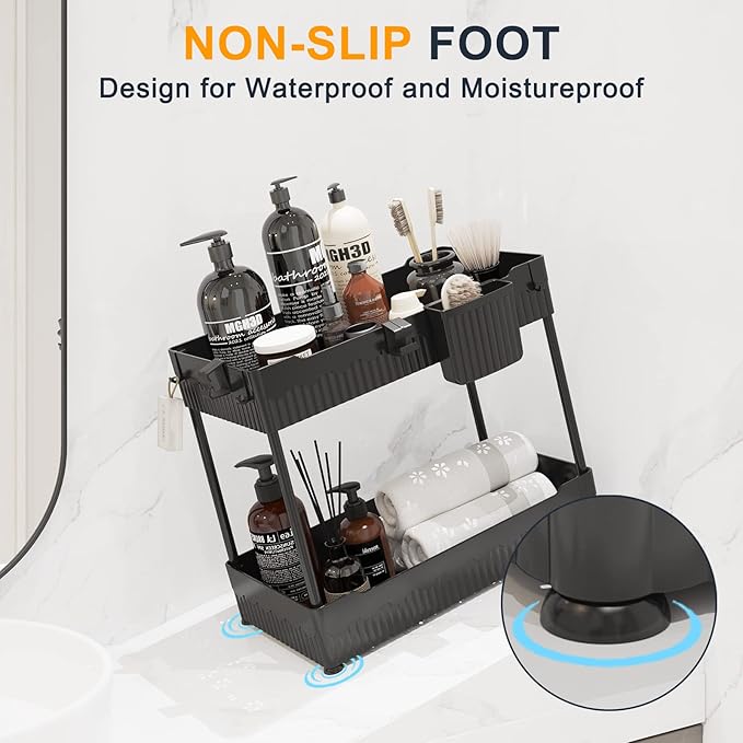 Sevenblue 2 Pack Under Sink Organizer, Under Bathroom Cabinet Organizer with Hooks Hanging Cup, Multi-Purpose Storage Shelf for Kitchen Bathroom (Black, XL)