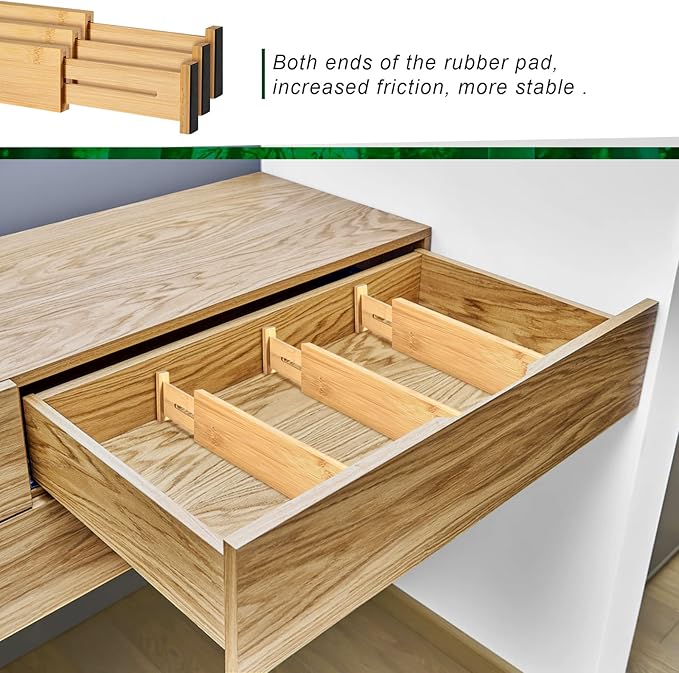 4 Pack Bamboo Kitchen Drawer Dividers with Inserts 2.6" High, Adjustable from 12.5 Inch to 21.7 Inch Drawer Organizers, Expandable Drawer Separators for Clothes, Bedroom, Dresser, Office (Beige)