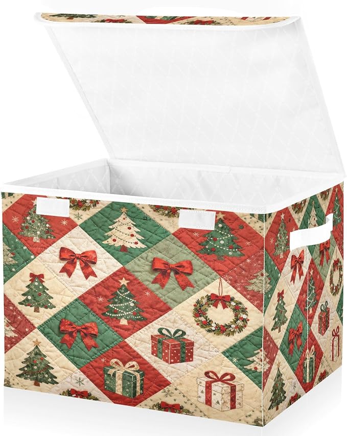 Christmas Tree Bow Gift Storage Bins with Lids Foldable Storage Basket with Handles Collapsible Large Fabric Organizer Containers for Clothes Shelves Closet Office Home