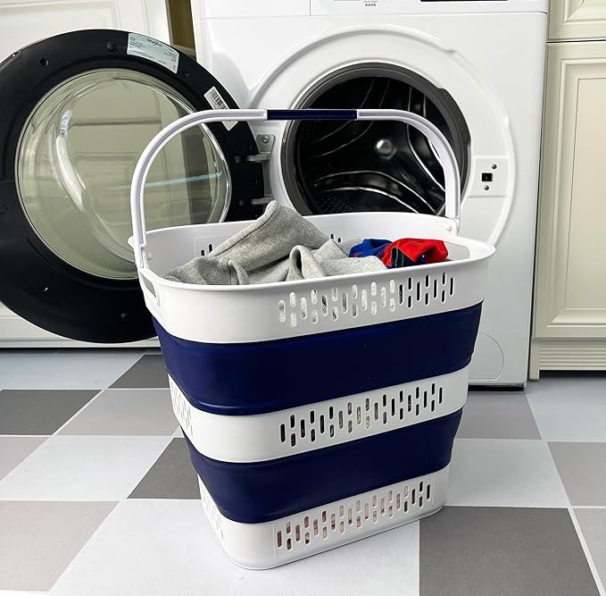 SAMMART 38L (10 Gallon) Collapsible Plastic Laundry Basket - Foldable Pop-Up Storage Container/Organizer – Portable Space Saving Laundry Hamper (1, White/Starry Blue)