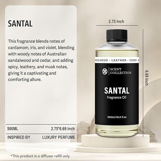 Luxury Hotel Scent Santal Diffuser Oil Waterless Essential Aromatherapy for Cold Air & Car Diffusers – Long Lasting Refill for Large Room & Home - Non Toxic, Signature Sandalwood (500ml/16.9Fl oz)
