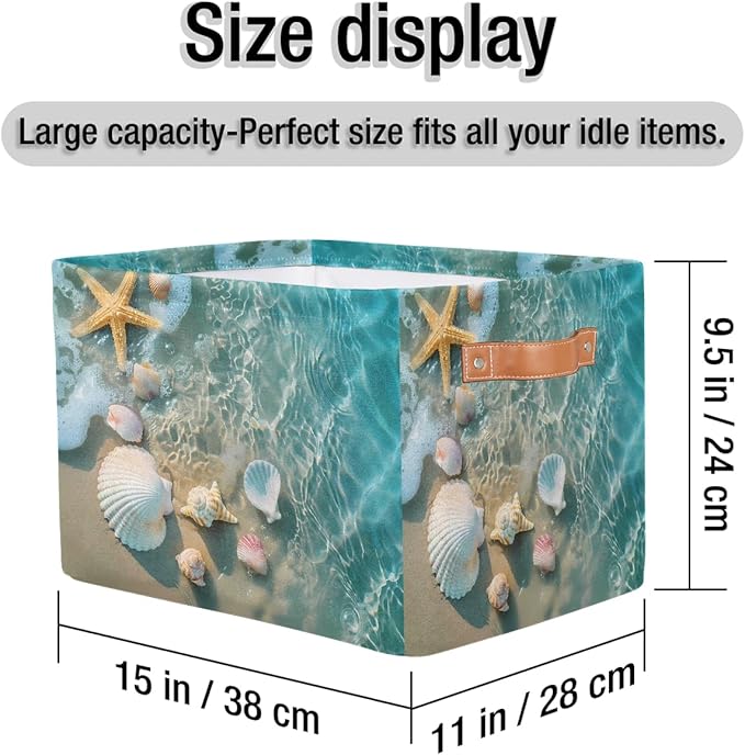 Beach Starfish Seashell Storage Basket for Shelves, Storage Bins with Handles, Collapsible Basket for Organizing, Closet Toy Baskets for Nursery Room, 15x11x9.5 in, Canvas, Ocean Animal