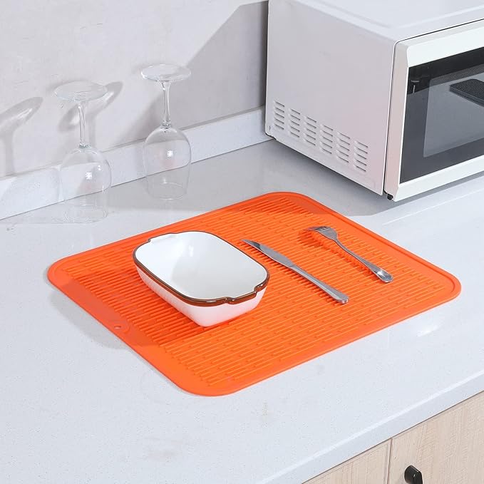 MicoYang Silicone Dish Drying Mat for Multiple Usage,Easy clean,Eco-friendly,Heat-resistant Silicone Mat for Kitchen Counter or Sink,Refrigerator or Drawer Liner Orange 2XL 24 inches x 18 inches