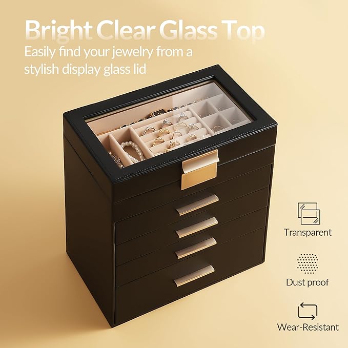 Jewelry Box, 5 Layers Jewelry Storage Display Box with Glass Lid for Women, 4 Drawers,Large Capacity for Necklace Earrings Bracelets Rings, Black