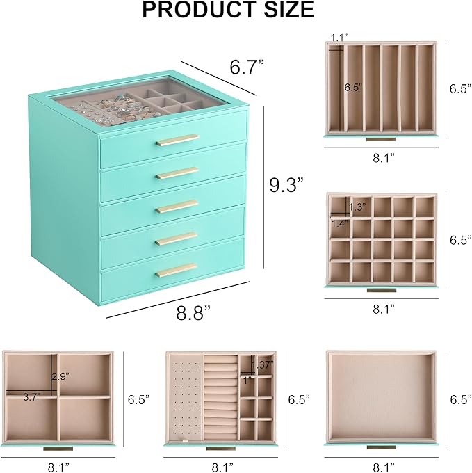 Frebeauty Clear Lid Jewelry Box,5-Layer Jewelry Organizer with Drawer,PU Leather Jewelry Organizers and Storage,Jewelry Boxes for Women,Jewelry Storage for Rings Earring Stud,Gift for Women(Turquoise)