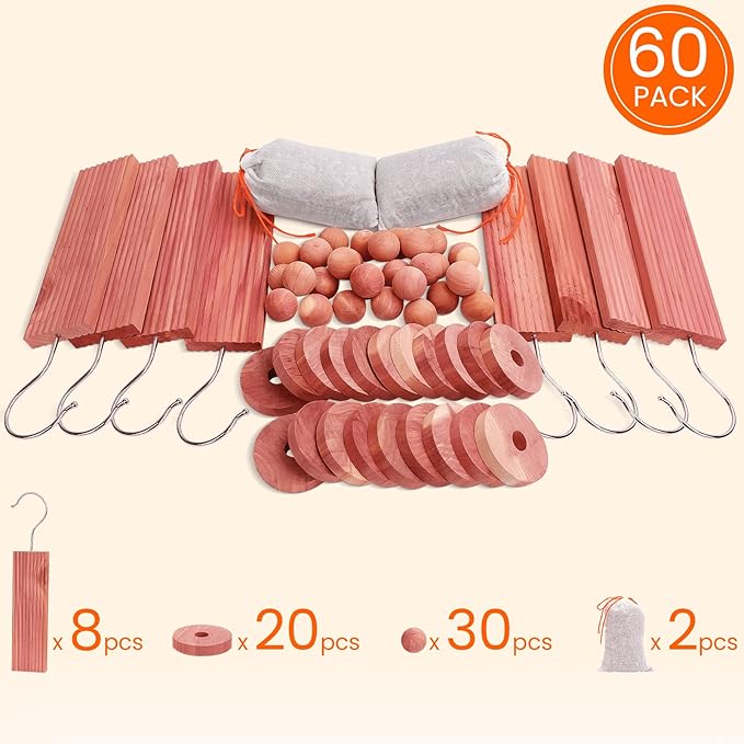 Homode Cedar Blocks for Clothes Storage, Set of 60, Cedar Chips & Sachets - Aromatic Cedar Wood Balls for Closets, Drawers, Fresh Essentials