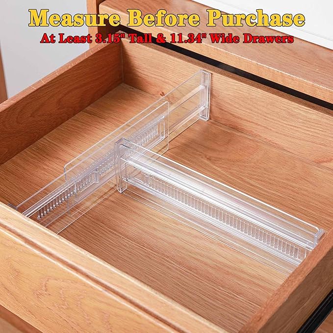 4 Pack Drawer Dividers for Clothes, 3.15" High 11.34"-19.69" Adjustable Expandable Dresser Drawer Organizer, Clear Plastic Separators for Dresser, Baby Clothing, Underwear
