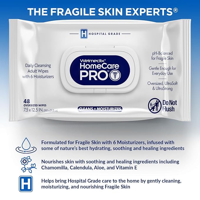 Homecare Pro Oversized Daily Cleansing Adult Wipes With 6 Moisturizers Wet Cleansing, Rinse Free, Bathing Wipes, Hospital Grade pH Balanced for Fragile Skin - | 48 Count XL |- 3 Pack
