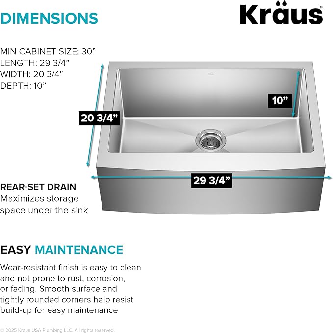 KRAUS Standart Pro 30-Inch Apron Front Farmhouse 16-Gauge Single Bowl Stainless Steel Kitchen Sink, KHF200-30