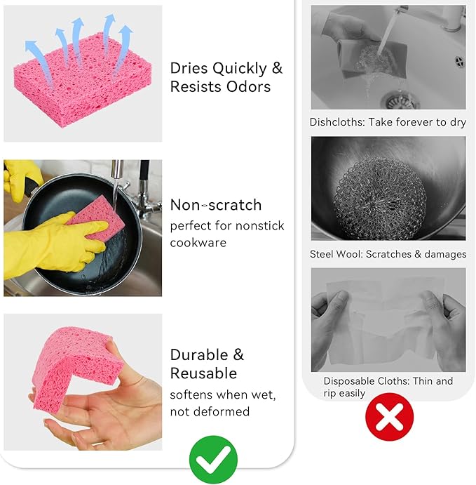 Mkobon 6 Pcs Kitchen Sponges for Dishes Cleaning, Non Scratch for Non Stick Cookware, Compressed Natural Cellulose Sponges, Dish Washing Scrubbers, Scrubbing Pads for Household, Bathroom (Red)