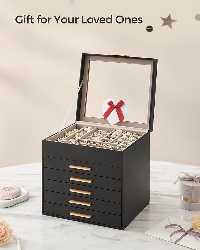 SONGMICS Jewelry Box Organizer with Glass Lid, 6-Layer Jewelry Storage, with 5 Drawers, Modern Style, 8 x 9.1 x 9 Inches, Graphite Black and Gold Color UJBC176B01