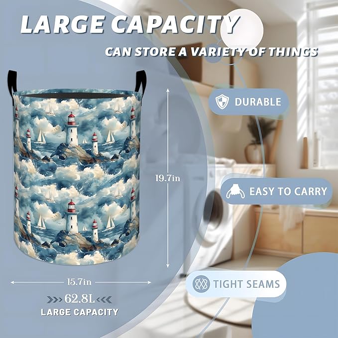 Nautical Lighthouse with Sailboat Scene Laundry Basket with Handles, 19.7"x15.7" Clothes Foldable Laundry Hamper Organizer for Dorm Nursery Bedroom Bathroom Decor, Toy Storage Bin for Kids