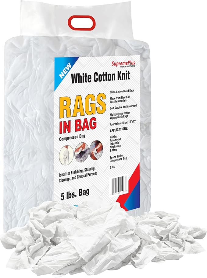 Premium White T-Shirt Cleaning Rags (5 lbs. Bag) – White Cotton Rags for Cleaning, Staining, Painting, Oil, Grease & Dust Removal – Shop Rags Bulk for Multipurpose use