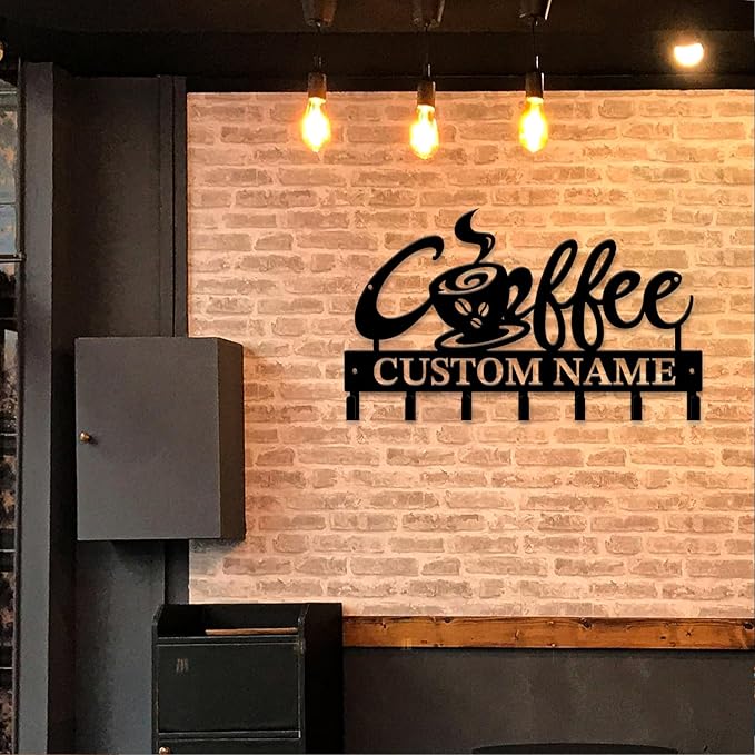 Personalized Custom Name Coffee Bar Wall Keys Hooks,Metal Coffee Shop Art Clothes Hooks,Metal Coffee Lover Wall Home Storage Decorative,For Front Door, Hallway, Kitchen, Bedroom,Keys,Hats (Style J)
