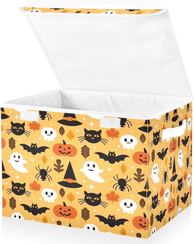 Bolaz Storage Bins with Lids and Handles, Halloween Seamless Pattern Design with Ghost Skull Pumpkin and Cat Storage Box Storage Basket with Cover Collapsible Organizer Containers for Home