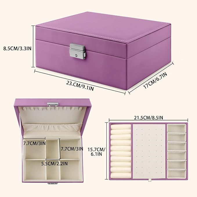 Homeanda Jewelry box 2 layer Jewelry box Leather Jewelry boxes for Women Girls Teens Jewelry organizer box Jewelry Storage box with lock(Purple)