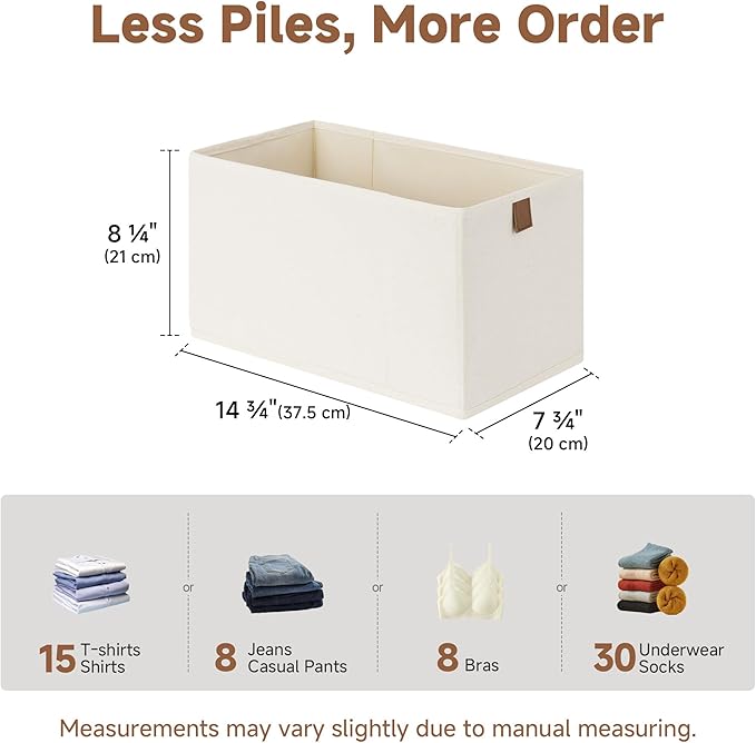 StorageWorks Small Storage Bins, Fabric Storage Bins, Narrow Baskets for Shelves with PU Handle, Perfect for Clothes, Towels, and Light Blankets, Beige, 4-Pack
