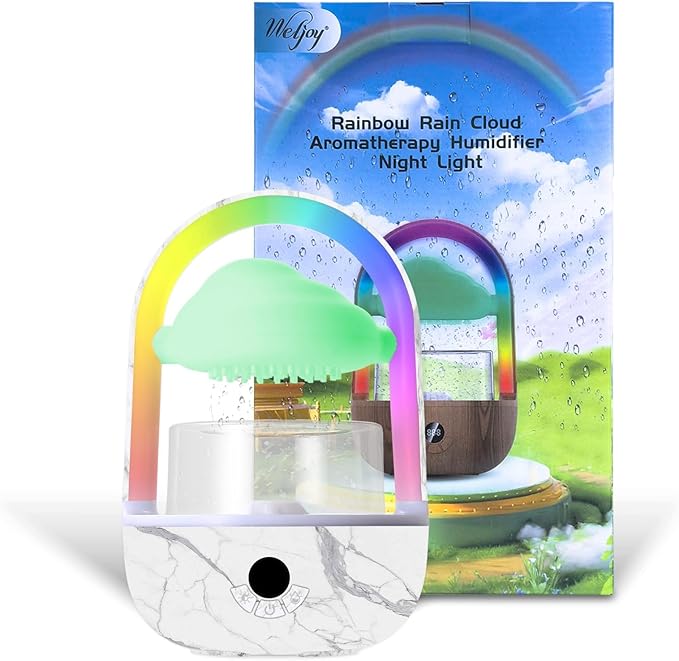 Weljoy Aromatherapy Essential Oil Diffuser Rainbow Rain Cloud Micro Humidifier Water Drip Mushroom Diffuser with Running Lights Rain Sounds for Sleeping-Tabletop Water Fountain&Night Light
