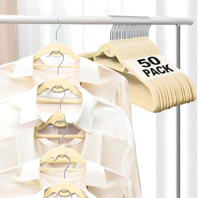 UEAKPIC Velvet Felt Stackable Hangers 50 Pack, Non Slip, with 360° Swivel Hook, Ultra Thin and Space Saving for Suits, Shirts, Coats, 15Lbs Capacity Heavy Duty, Ivory