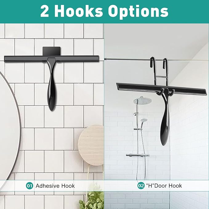steauty Shower Squeegee for Glass Doors,10-Inch Shower Glass Squeegee, Matte Black Shower Squeegee for Shower Doors,Mirror,Windows, with Shower Door Hook and Adhesive Hook