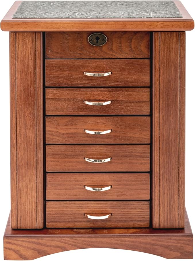 Jewelry Box for Women with Mirror, 7 Layers Jewelry Organizer 5 Drawers Jewelry Case with Side Organizer for Watches Necklace Ring Storage (Walnut)
