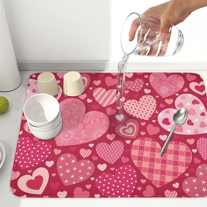 ABSOP Valentine's Day Dish Drying Mat 18 x 24 Inch Heart Shaped Pattern Dish Drying Pad Absorbent Microfiber Mats for Red Dish Rack Pad for Kitchen Counter Coffee Bar Decor