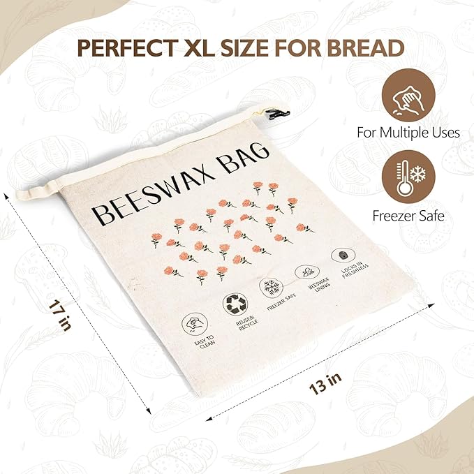 2026 New Upgrade 2-Pack Reusable Beeswax Bread Bags for Homemade Bread Sourdough, 17"×13"Natural XL Beeswax 100% Linen Moisture-proof Lined Storage Bags with Buckle& 1 Bowl Covers,Keeps Fresh Longer